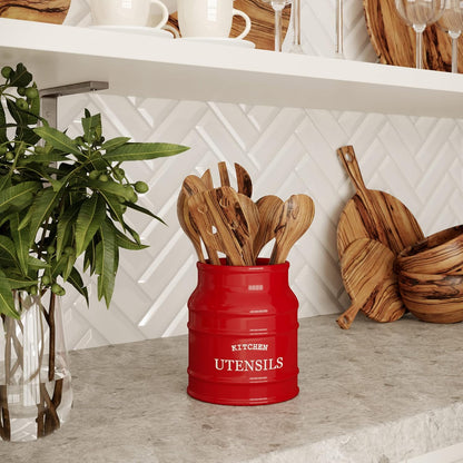 Barnyard Designs Ceramic Farmhouse Utensil Holder for Kitchen Counter, Large Rustic Utensil Crock, Countertop Cooking Tool Spatula Organizer, 6.75” (Taupe)
