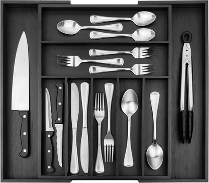 Purawood Bamboo Drawer Organizer - Expandable Silverware Organizer & Utensil Drawer Organizer, Cutlery Tray with Dividers, 7-9 Slots- Kitchen Organizer for Utensils & Flatware (Natural)