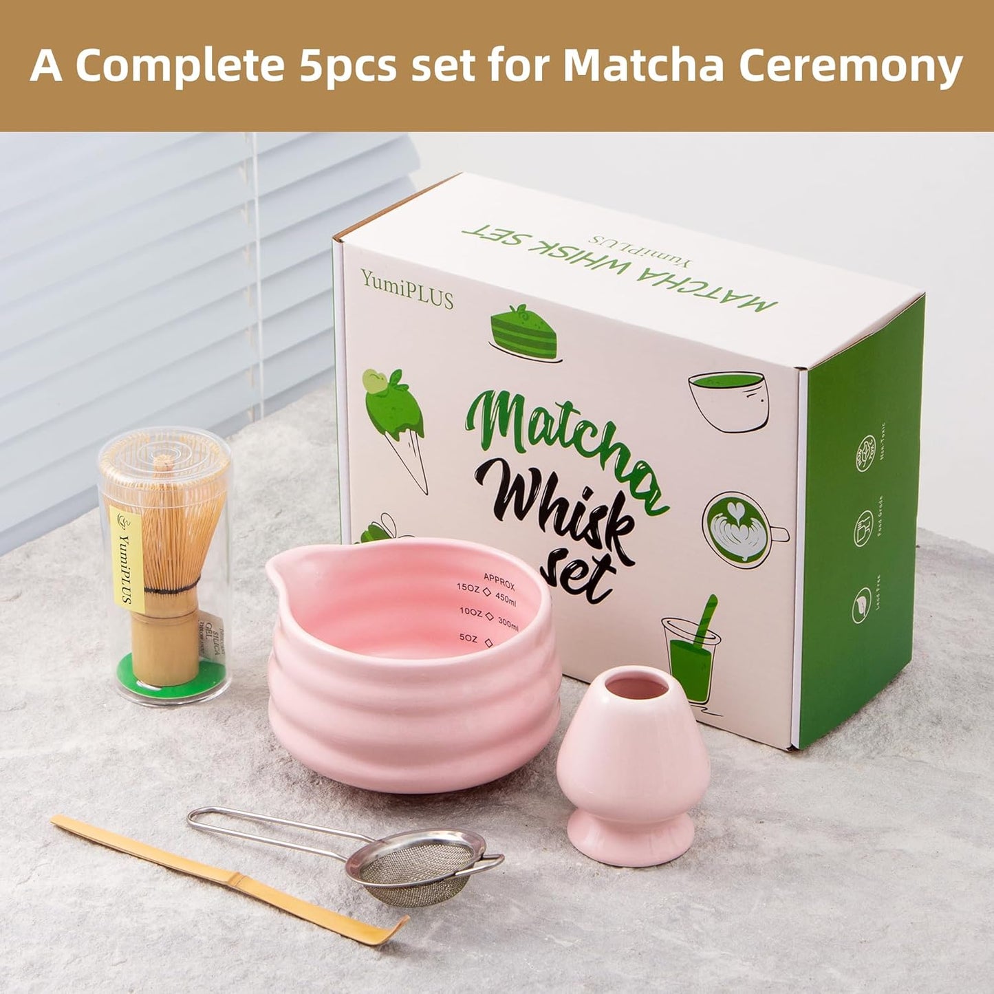 5pcs Premium Matcha Set,Ceramic Bowl with Spout and Bamboo Whisk set, Ceremonical Matcha Kit for breakfast/latte,Tea Starter Making Kit,Unique Matcha Gift set (pink love)