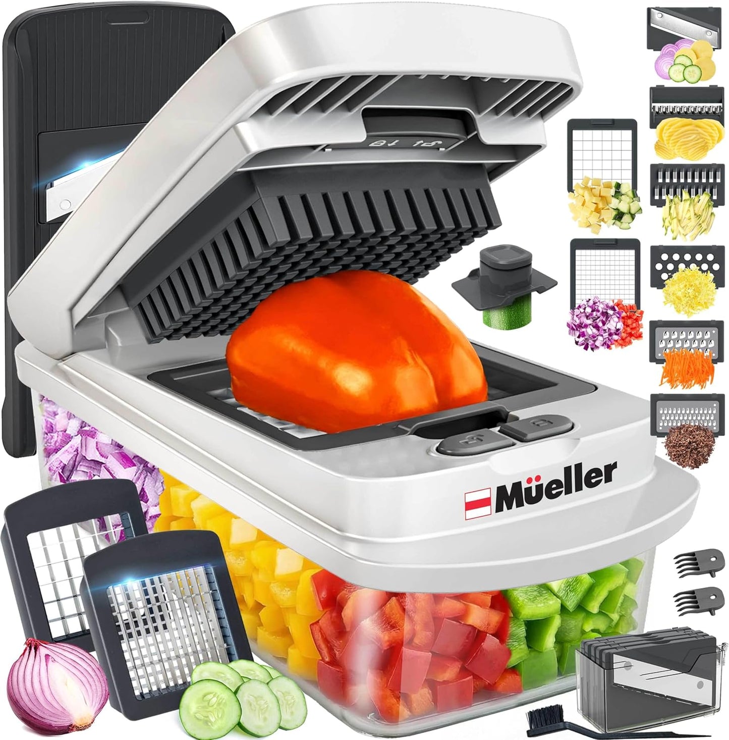 Mueller Pro-Series 10-in-1, 8 Blade Vegetable Chopper, Onion Mincer, Cutter, Dicer, Egg Slicer with Container, French Fry Cutter Potato Slicer, Home Essentials, Salad Chopper White Sand/Green