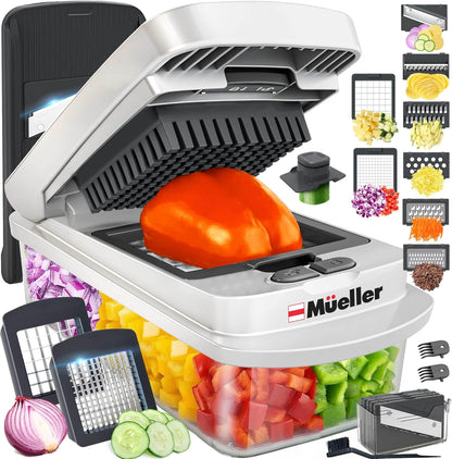 Mueller Pro-Series 10-in-1, 8 Blade Vegetable Chopper, Onion Mincer, Cutter, Dicer, Egg Slicer with Container, French Fry Cutter Potato Slicer, Home Essentials, Salad Chopper White Sand/Green