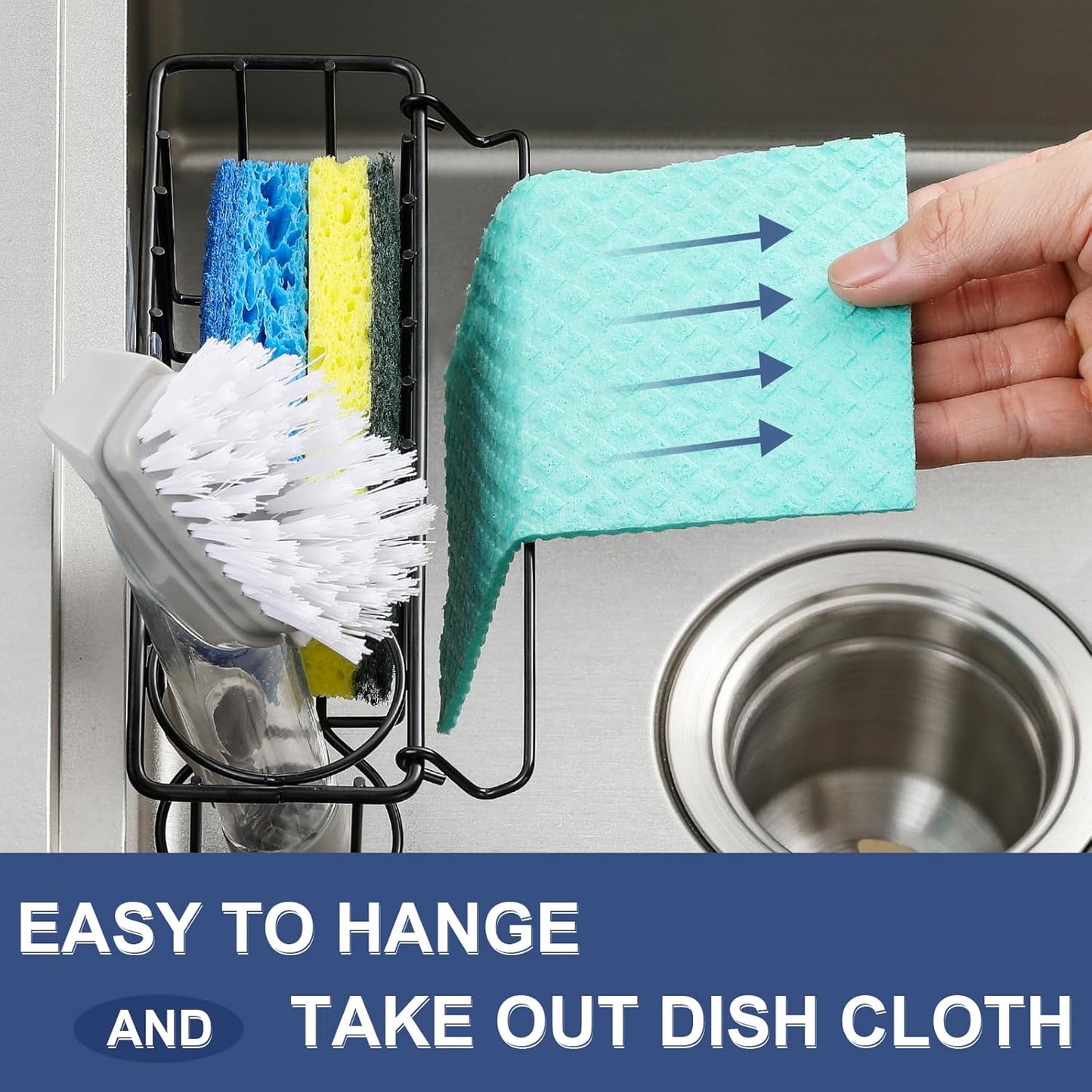 3-In-1 Sponge Holder for Kitchen Sink with Suction Cups & Adhesive Hook , In-sink Sponge Holder, Wall Hanging Sink Caddy Organizer Rack - Sponge, Dish Cloth, Brush, Scrubber - 304 Stainless Steel