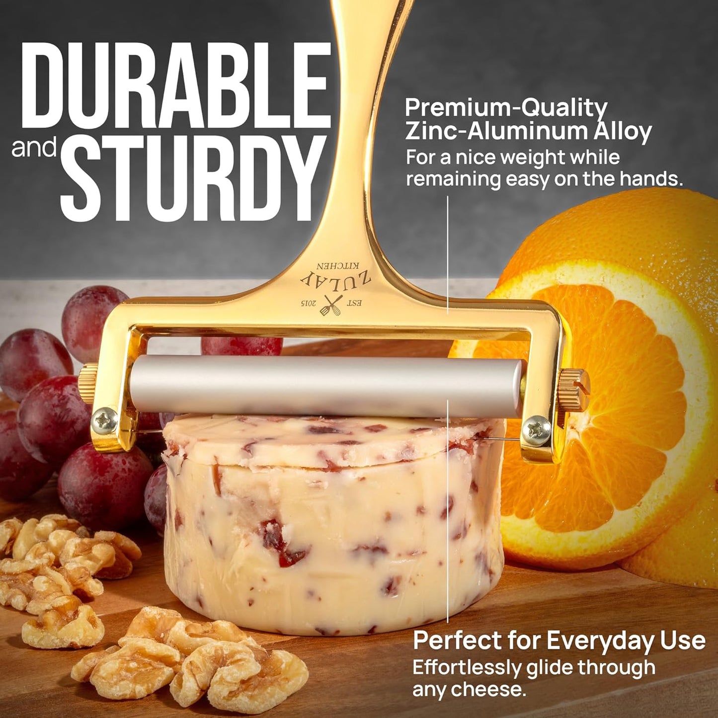 Zulay Kitchen Stainless Steel Wire Cheese Slicer - Adjustable Hand Held Cheese Cutter with 2 Extra Wires - Premium Cheese Shaver For Mozzarella, Cheddar, Gruyere - Cheese Cutter with Wire (Gunmetal)