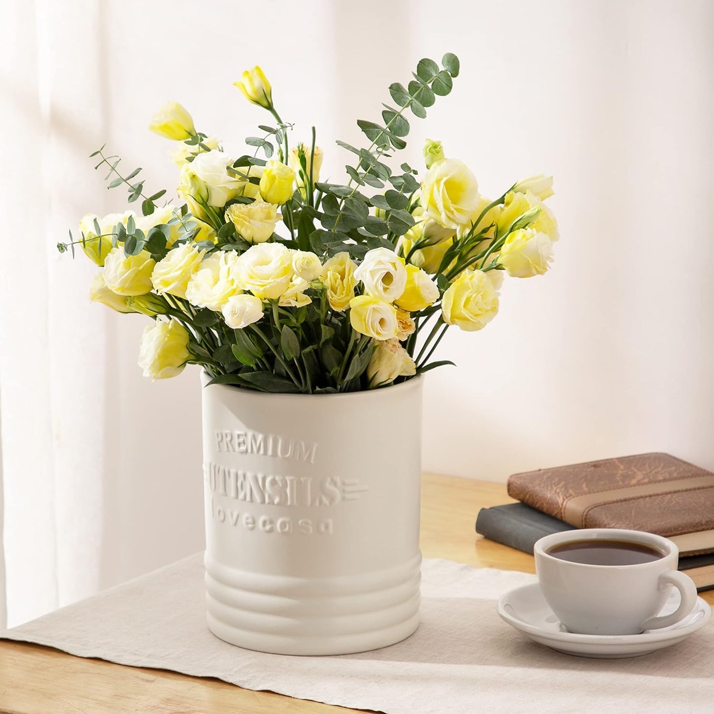 LOVECASA Utensil Holder, 7.2"+5.4" Ceramic Utensil Holder for Countertop, Large Cooking Utensil Crocks for Kitchen Counter, Farmhouse Utensil Vase for Housewarming, Kitchen Decor, Set of 2, Oasis