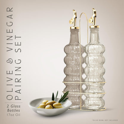 COOK WITH COLOR Glass Olive Oil Bottle Dispenser - 2 Pack- 17oz Oil and Vinegar Cruet - Olive Oil Carafe Decanter for Kitchen, Elegant Waves, Clear