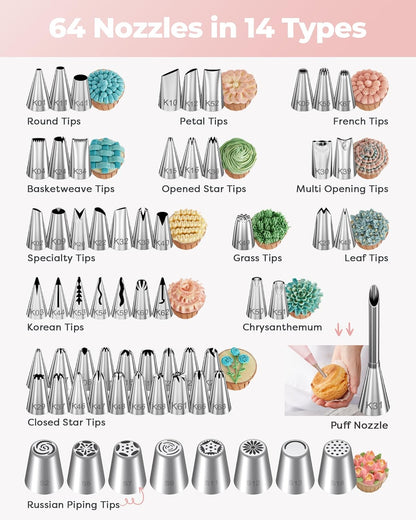 Kootek 71PCs Cake Decorating Kit, Baking Supplies Tools - Includes Cake Stand Turntable, 12 Icing Piping Tips Set, 2 Frosting Spatulas, 3 Scrapers, 50+2 Piping Bags, Coupler, Video Tutorial, Booklet