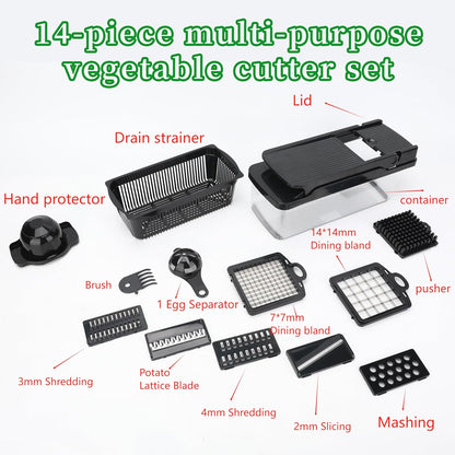 Vegetable Chopper 14 in 1 with Stainless Steel Blades – Multifunctional Onion Chopper, Mandoline Slicer, Food Dicer, Kitchen Cutter Set and must have Kitchen appliances and tools