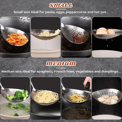 MARTE Skimmer Slotted Spoon Set of 4 - Kitchen Pasta Strainer Spoon - Spider Strainer Skimmer Ladle Spoon with Holder for Cooking and Frying Food, Spaghetti, Vegetable, Dumpling - 14.8In,16.5In,17In