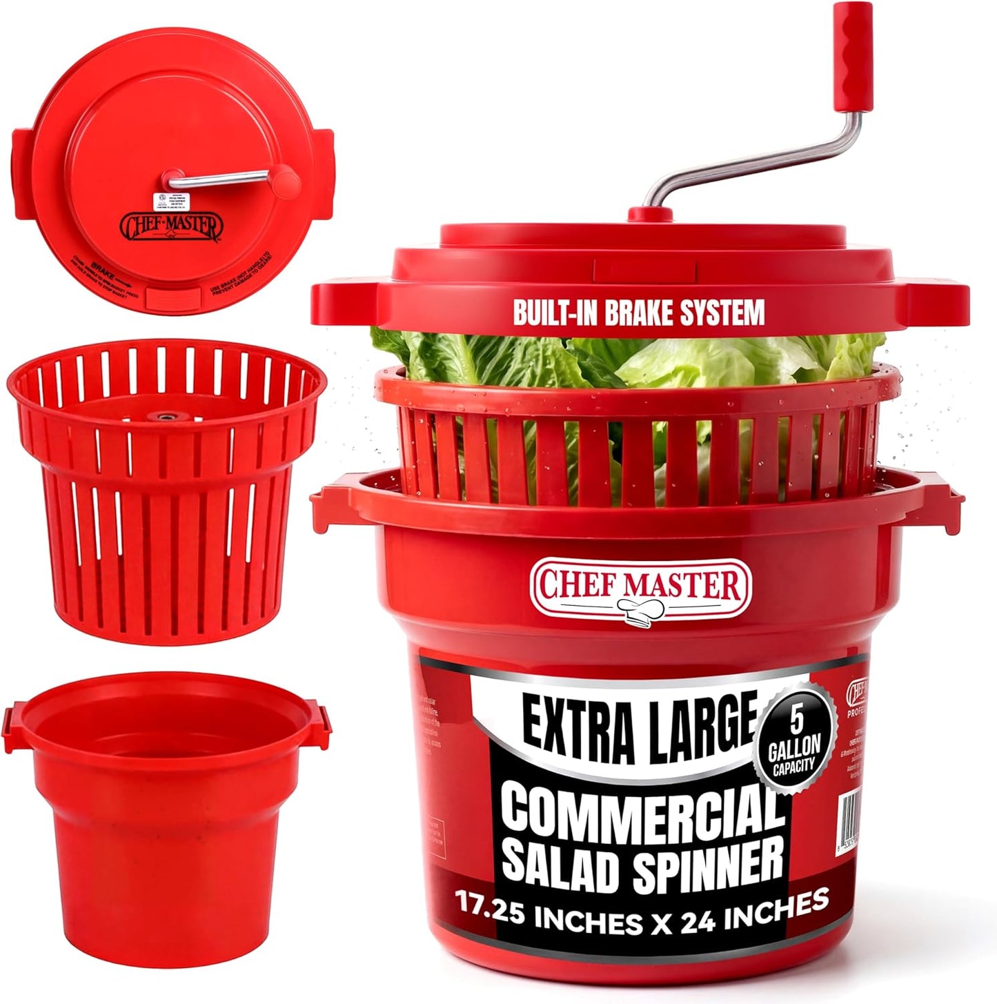 5 Gallon Chef Master Commercial Salad Spinner Dryer – Hand Powered Manual Lettuce Spinner and Fruit Washer Bowl w/ Strainer - Sealed Gearbox, Built In Brake System - Durable Spinner Mechanism - 90005