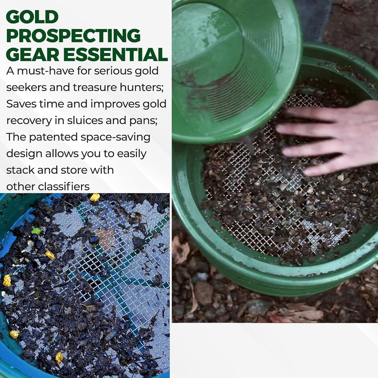 SE 13.25 Inch Wide Stackable Classifier Gold Prospecting Pan - 1/8 Inch Stainless Steel Mesh Sifting Pan, Green