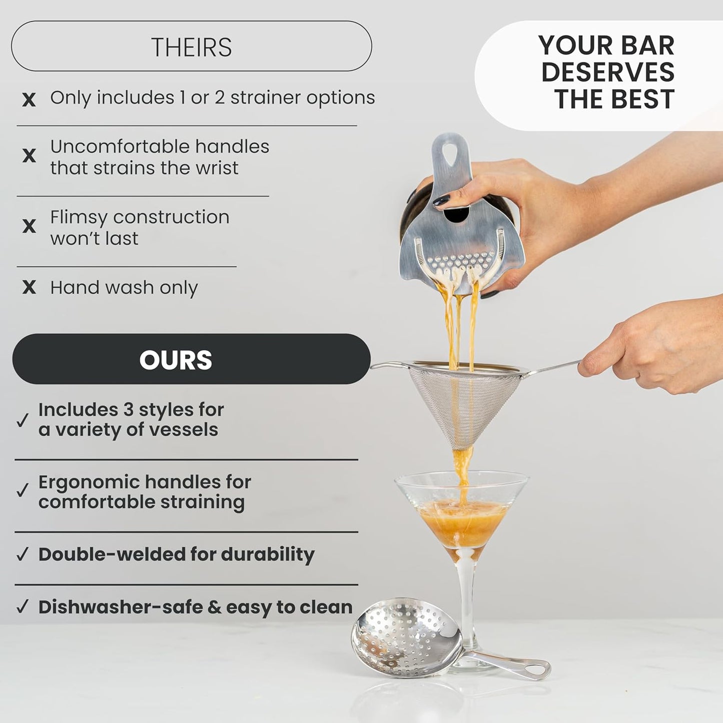 A Bar Above Professional Cocktail Strainer Set, 3-Piece Bundle, Includes Hawthorne and Julep Strainer, Fine Mesh Strainer, Rust Proof, Stainless Steel, for Home and Professional Bartender