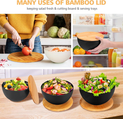 ShineMe Salad Bowl Set of 3, Natural Bamboo Fiber Salad Serving Bowls with Lids,Mixing Bowl for Preparing and Serving Salad, Cereal, Fruit, Veggies, Popcorn,Chips & Bread(10",8",6")