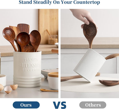LOVECASA Utensil Holder, 7.2"+5.4" Ceramic Utensil Holder for Countertop, Large Cooking Utensil Crocks for Kitchen Counter, Farmhouse Utensil Vase for Housewarming, Kitchen Decor, Set of 2, Oasis