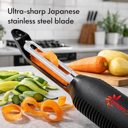 Fruits & Vegetables Peeler Set – Y Peeler Ultra-Sharp Stainless Steel Swivel Standard, Serrated, & Julienne Blades