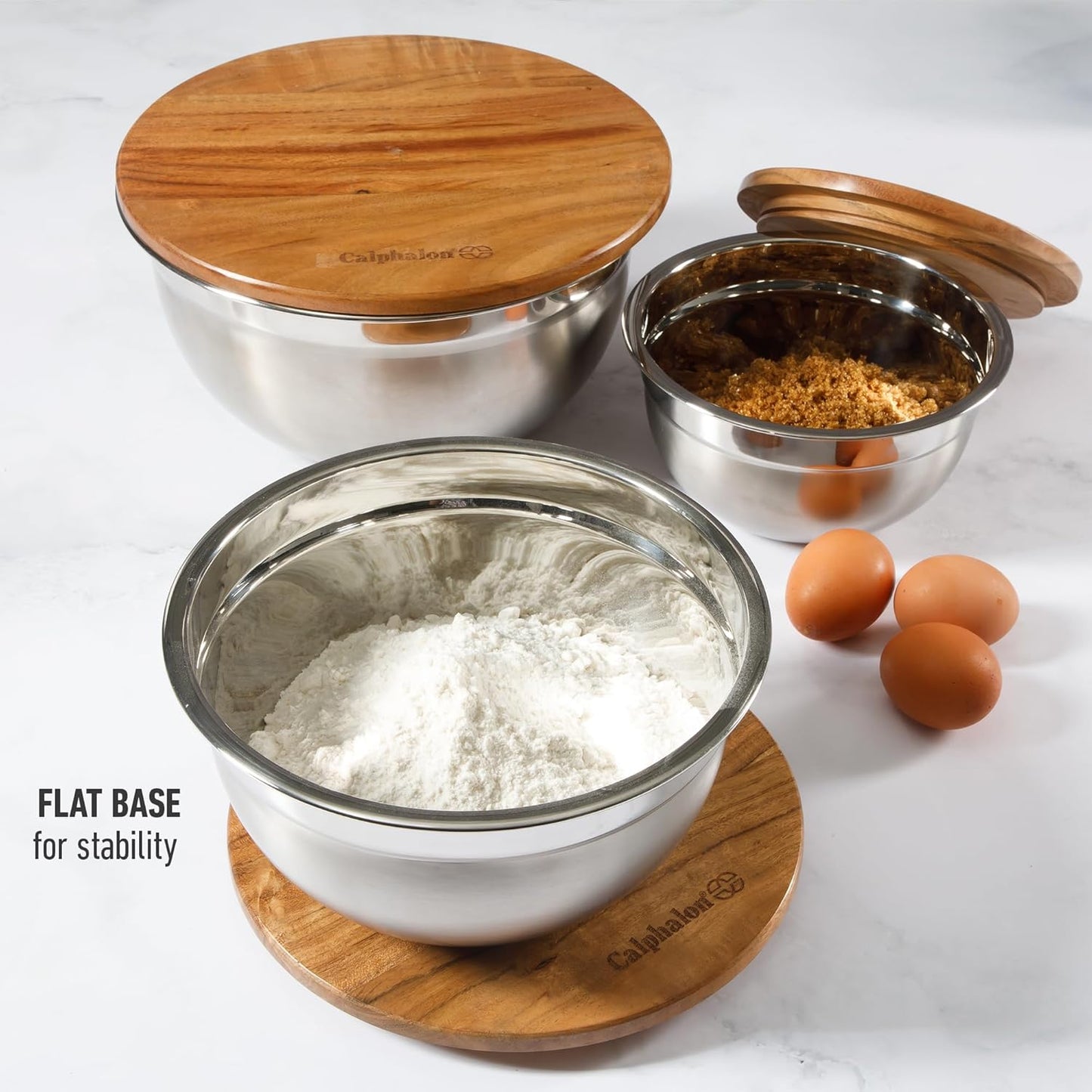 Calphalon Orbit 3 Piece Mixing Bowl Set with Acacia Wood Lids, Nesting Kitchen Mixing Bowls for Baking, Cooking, Meal Prep and Food Storage, Durable Design with Airtight Style Covers