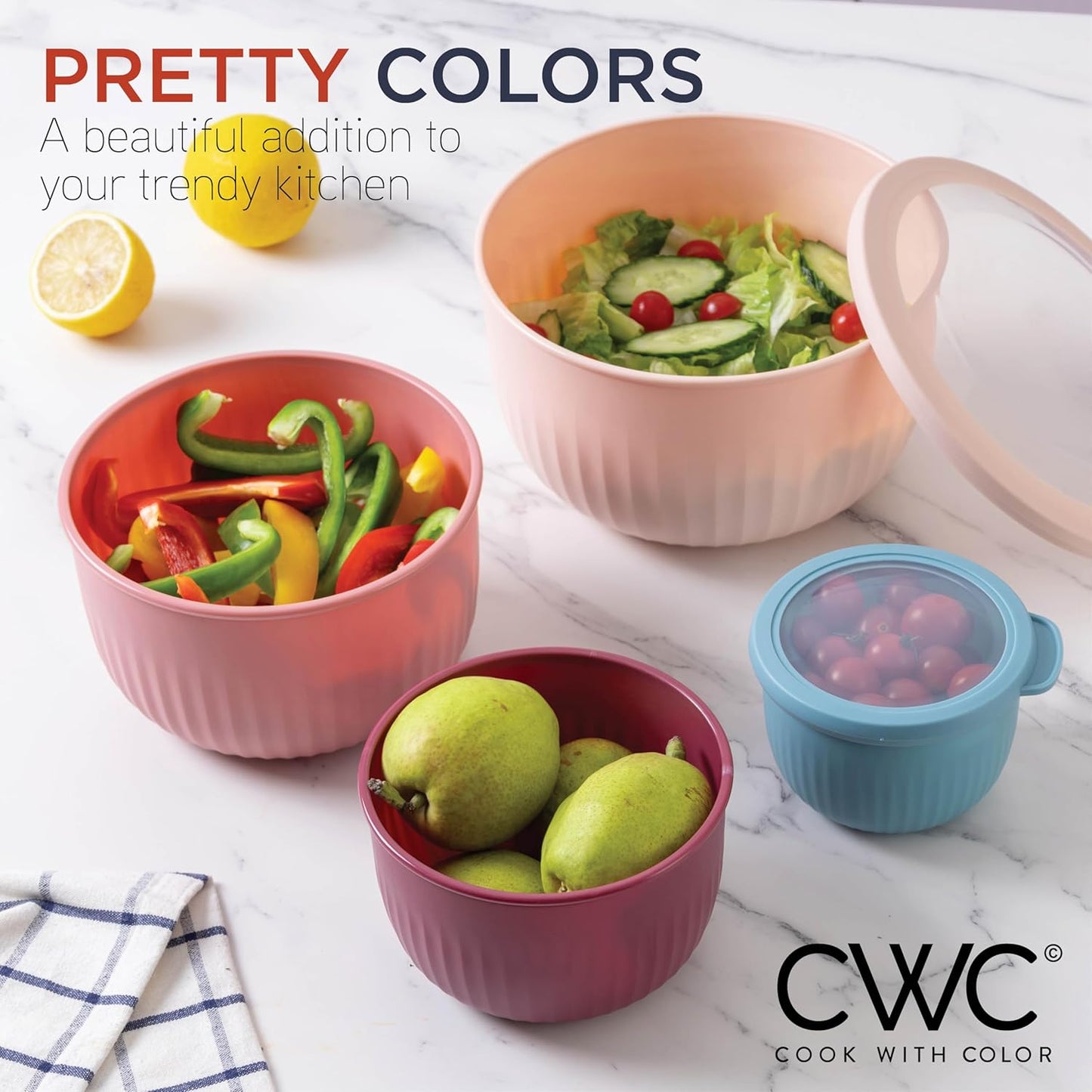 COOK WITH COLOR Prep Bowls with Lids- Wide and Deep Nesting Plastic Small Mixing Bowl Set with Lids, 8 Piece Set - Wide Bowls, Blue