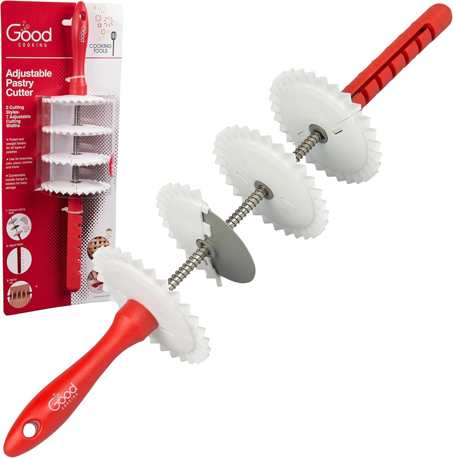 Adjustable Rolling Pastry Wheel Cutter with 4 Interchangeable Fluted, Lattice, and Straight Slicers - 7 Width Adjustments for Accurate Measurements -Dishwasher Safe- Great for Baking Cookies & Dessert