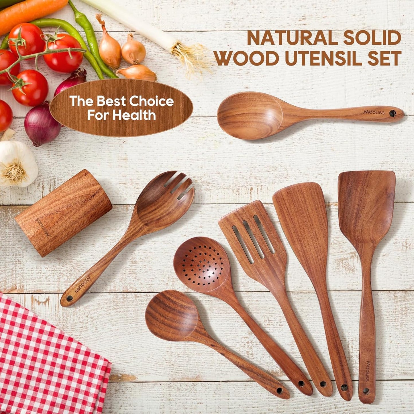 Wooden Ladle for Soup, 3 Size Teak Wood Ladle Spoon with Back Hooks, Heat Resistant Wooden Spoons for Cooking, Non-Stick, Comfortable Grip, Wood Kitchen Utensils Set for Serving, Stirring