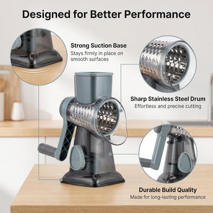Rotary Cheese Grater Hand Crank, Cheese Shredder Stainless Steel with 3 Interchangeable Blades, Manual Food Grater and Shredder, Potato Shredder, Vegetable Cutter, Countertop Suction Base