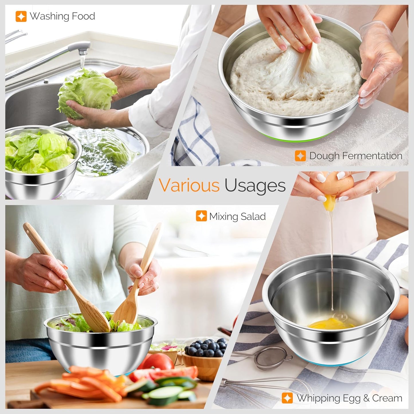 HaWare Mixing Bowls, 24-Piece Stainless Steel Salad Serving Bowl with Airtight Clear Lids, Metal Nesting Bowl For Kitchen Cooking Prepping Storing with 3 Graters, 4.6/2.6/1.5/1/0.7 QT, Khaki