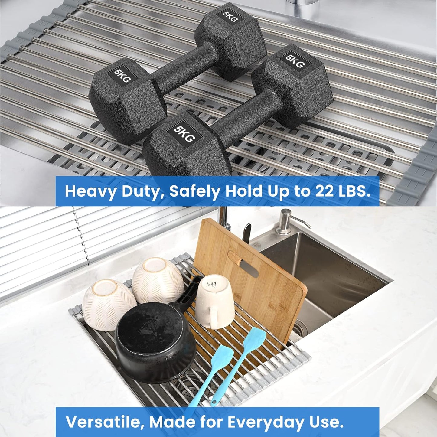 Roll Up Dish Drying Rack, Adjustable Over Sink Dish Drying Rack for Kitchen, 10"-20" Foldable Sink Rack to Dry Dishes & Drain Items, Stainless Steel Over Sink Cover Drying Mat