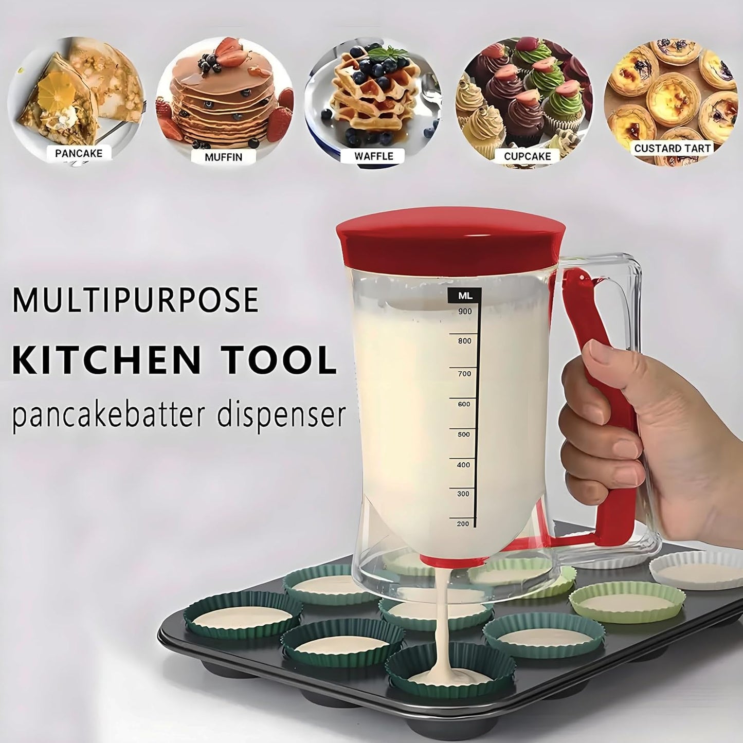Pancake Batter Dispenser with Measuring Label, 4 Cup Capacity, 900ml With Squeeze Handle Kitchen Dispenser Bottle for Pancakes, Waffles, Muffins, Green