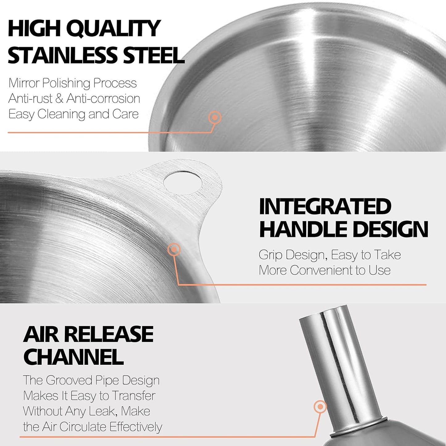 Anaeat Stainless Steel Mini Kitchen Funnel Set, 3 Pack Durable Metal Filling Funnels for Transferring Liquid, Dry ingredients, Cosmetic Lotion, Fluid, Spices, Powder - Food-Grade & High Heat Resistant