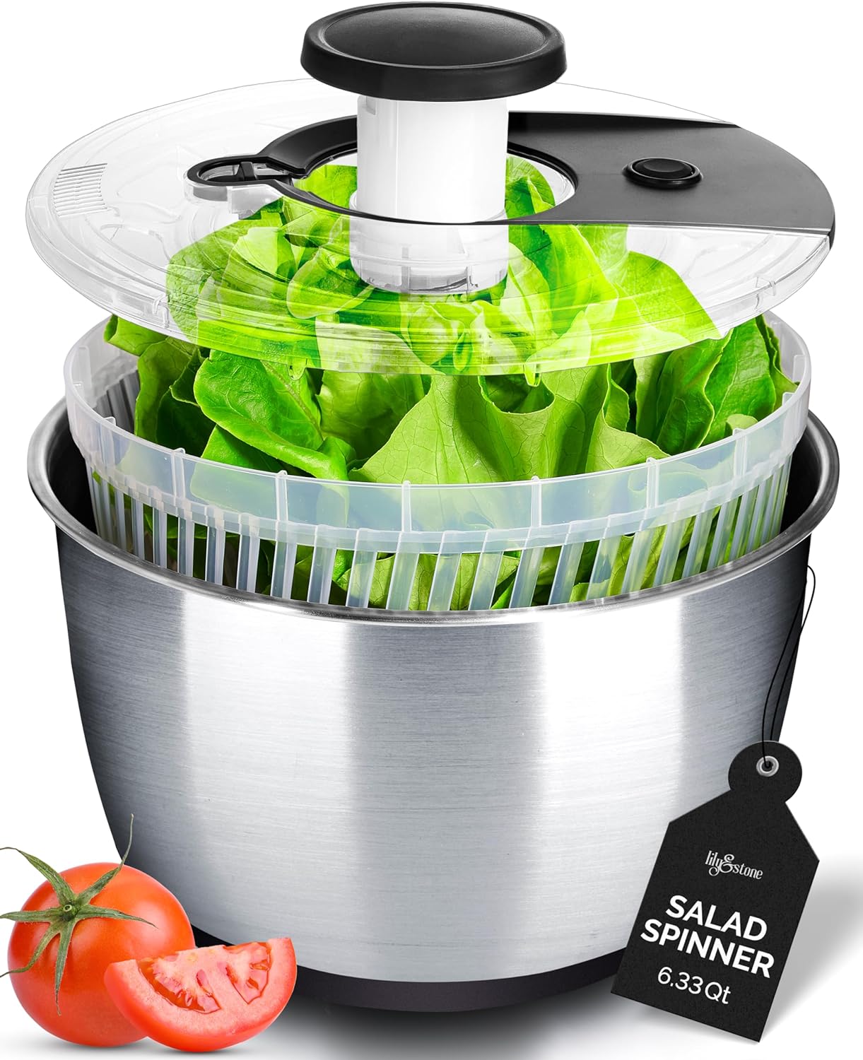 Stainless Steel Pump Salad Spinner Large - Easy Compact Kitchen Tool - Stainless Steel Bowl, Drain & Colander - Lettuce Spinner, Vegetable Dryer, Fruit Washer, Pasta & Fries Produce Strainer - 6.33 Qt
