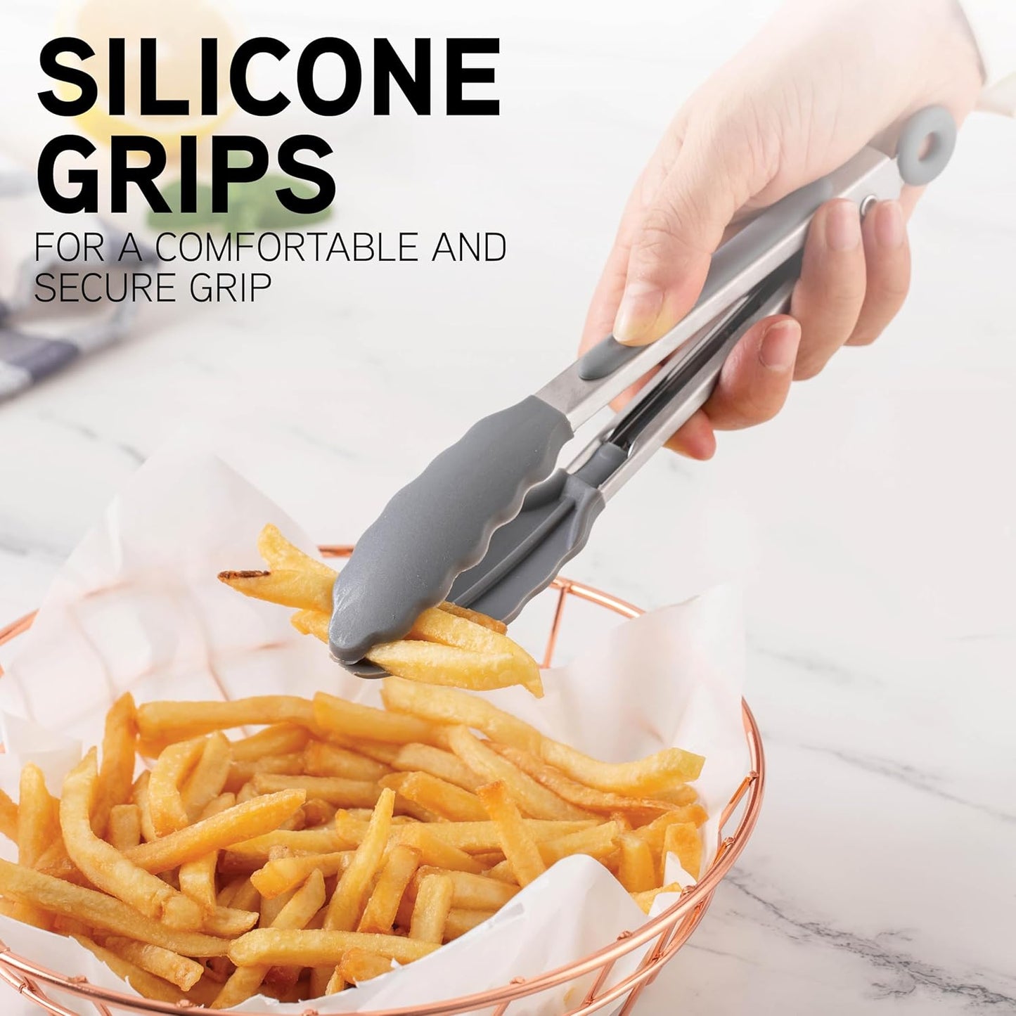 COOK WITH COLOR Stainless Steel Silicone Tipped Kitchen & BBQ Tongs Set, 3 Pc Utensils, Grey