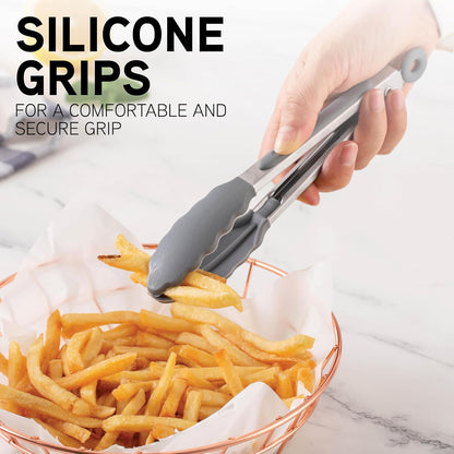 COOK WITH COLOR Stainless Steel Silicone Tipped Kitchen & BBQ Tongs Set, 3 Pc Utensils, Grey