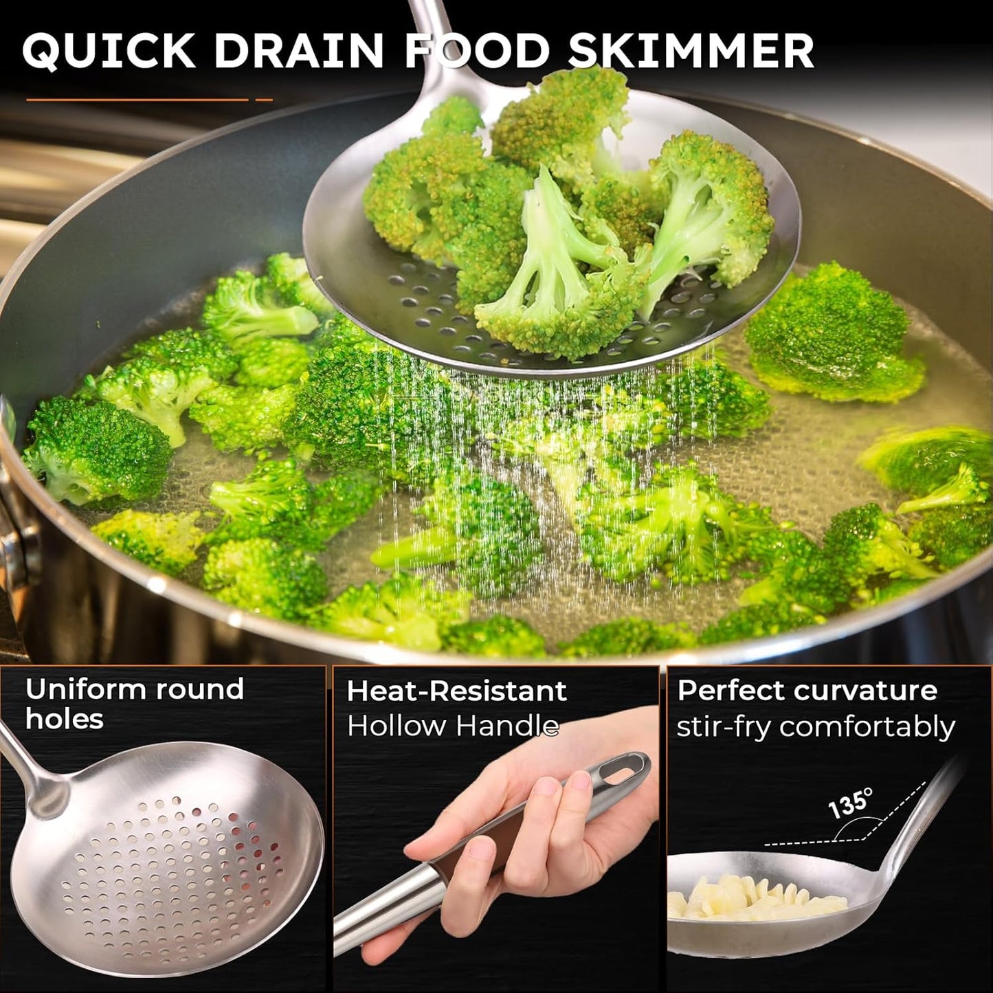 MARTE 17'' Skimmer Slotted Spoon - 304 Stainless Steel Skimmer Ladle Spider Strainer Spoon for Cooking and Frying - Long Pasta Strainer Tools Frying Spoon Kitchen Cooking Utensils Colander Spoon