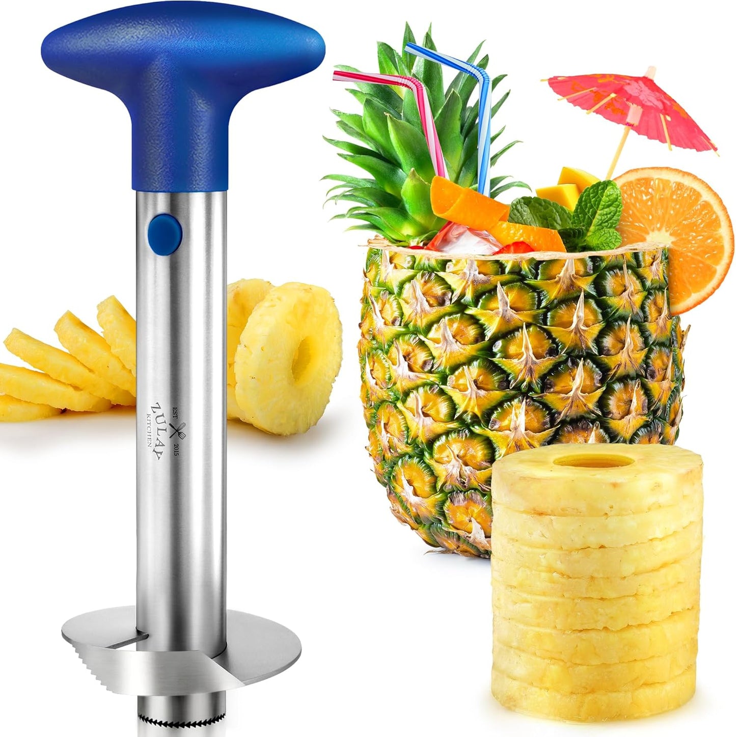 Zulay Kitchen Stainless Steel Pineapple Corer & Slicer – Heavy Duty Pineapple Cutter & Eye Removal Tool – Effortless Core Remover Tool with Sharp Reinforced Blade & Ergonomic Handle - Black