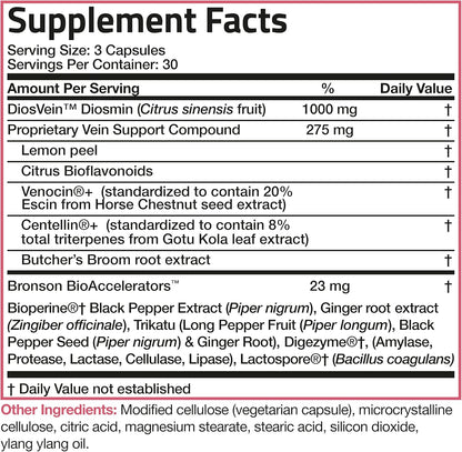 Bronson VeinAid Diosmin 1000mg DiosVein Varicose Vein Complex with Venocin & Centellin, 90 Vegetarian Capsules