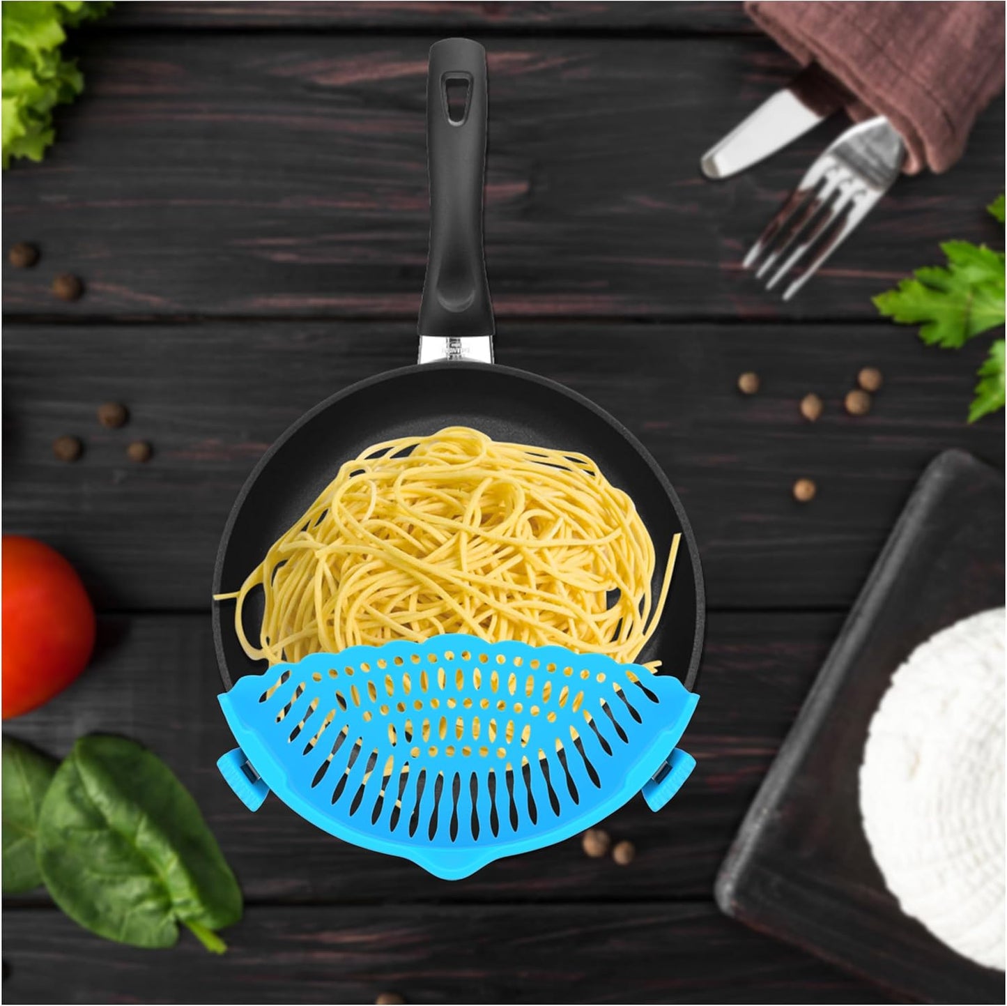Silicone Pasta Strainer Insert - Clip On for Pots & Pans - Easy Pasta Draining