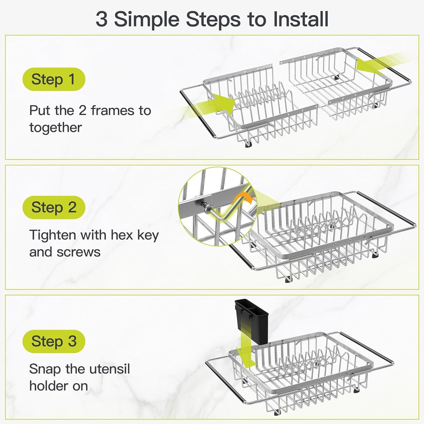 JASIWAY Roll Up Dish Drying Rack, Expandable (12.8"-23.8" D x 12.8" W) Stainless Steel Portable Drainer for Kitchen Sink Counter, Foldable Over The Sink Cover with Removable Utensil Holder