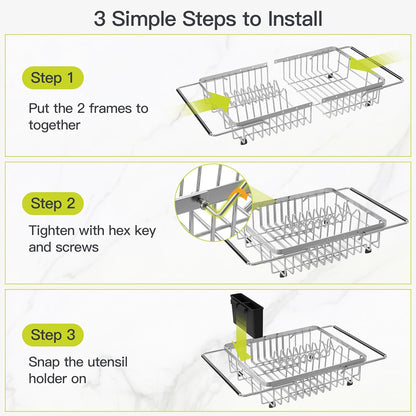 JASIWAY Roll Up Dish Drying Rack, Expandable (12.8"-23.8" D x 12.8" W) Stainless Steel Portable Drainer for Kitchen Sink Counter, Foldable Over The Sink Cover with Removable Utensil Holder