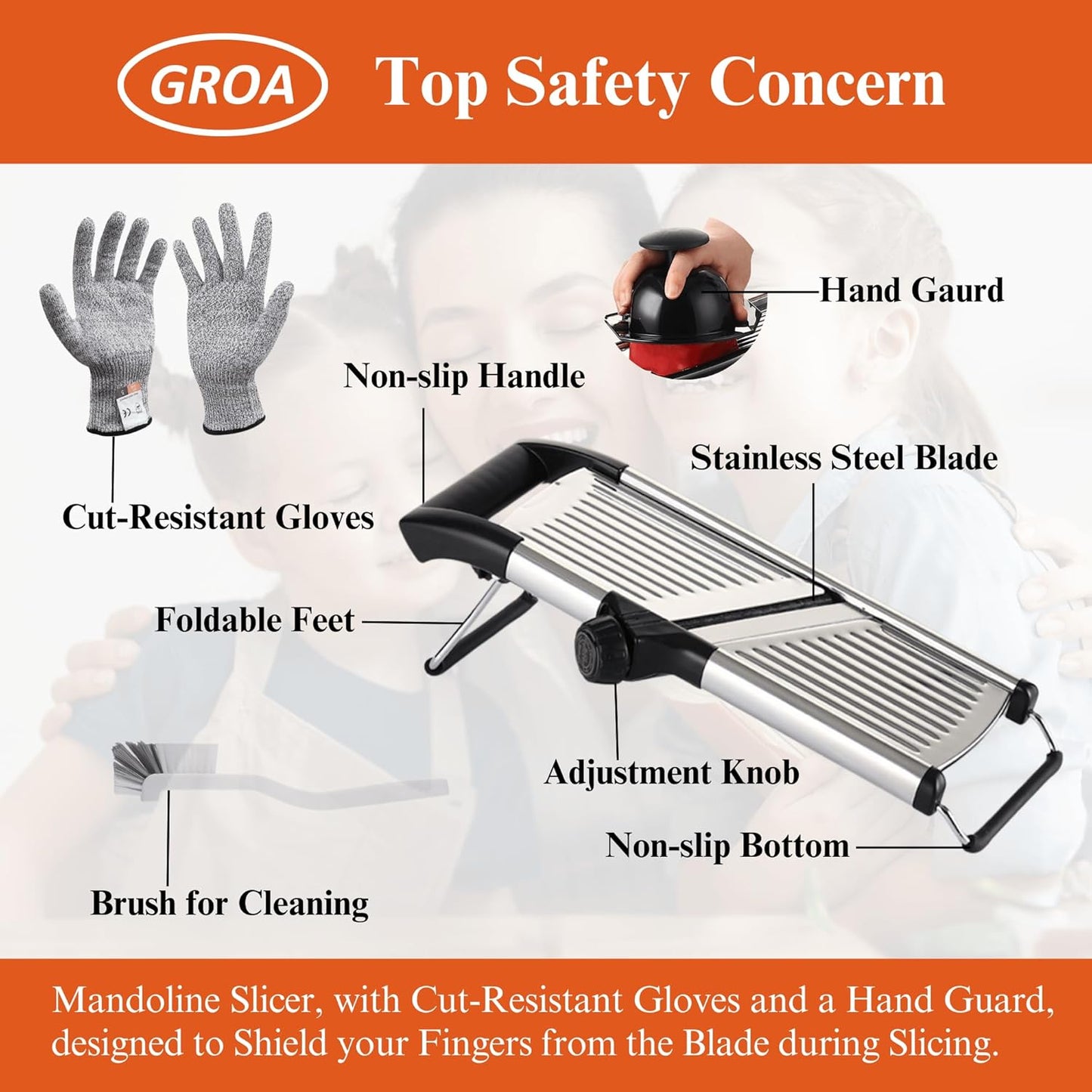 Groa Adjustable Mandoline Slicer for Kitchen– French Fry Cutter, Potato Slicer Vegetable Slicer Tomato Slicer in Kitchen Essentials with Resistant Gloves- Stainless Steel Mandolin vegetable cutter