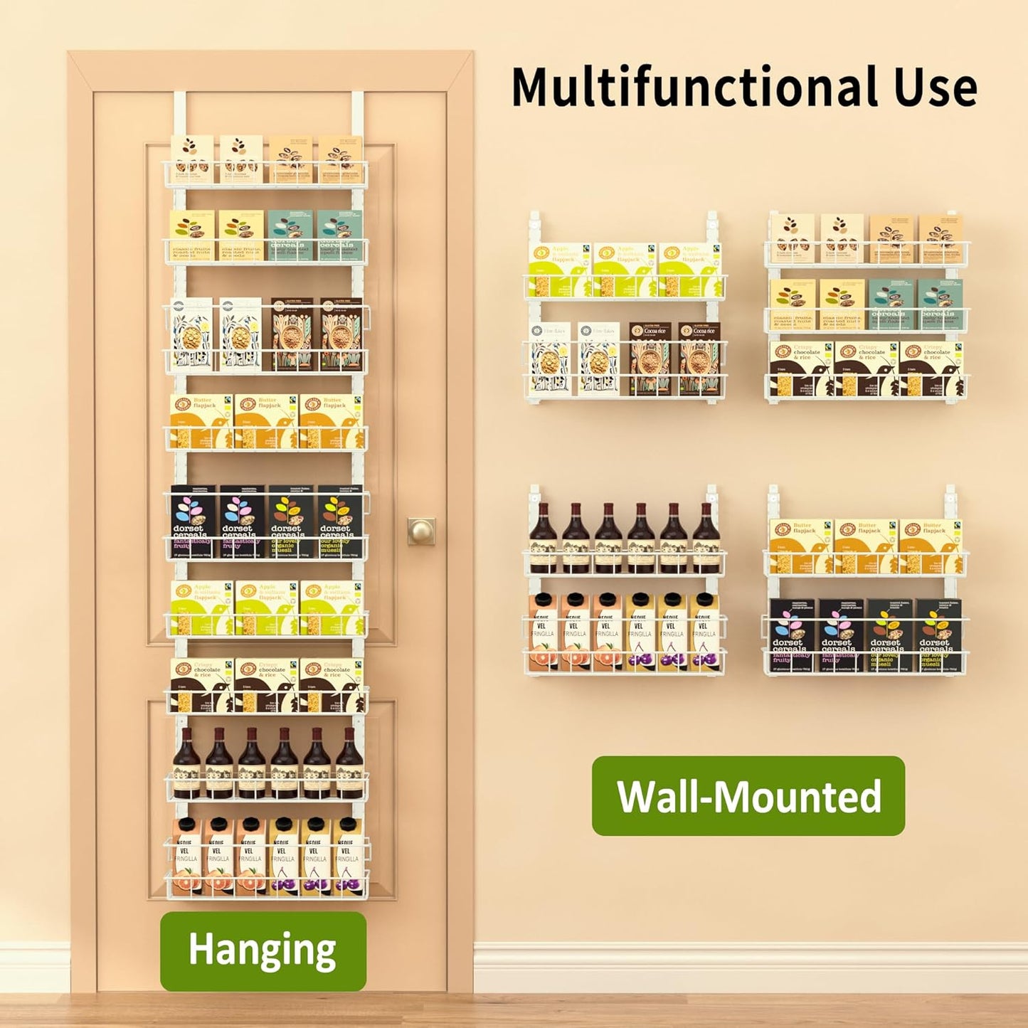 Churboro Over the Door Pantry Organizer Rack with 9 Adjustable Baskets, 9 Tiers Dual-use Hanging or Wall Mount Spice Rack Organizer, Black