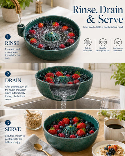 Vortex Berry Bowl The Original Artisan Swirling Berry Bowls Handmade 3D Print Berry Colander Self Rinsing Fruit Washing Stoneware Rinse Gentle Dynamic Washer Spinner Basket(3D Printing Blue)