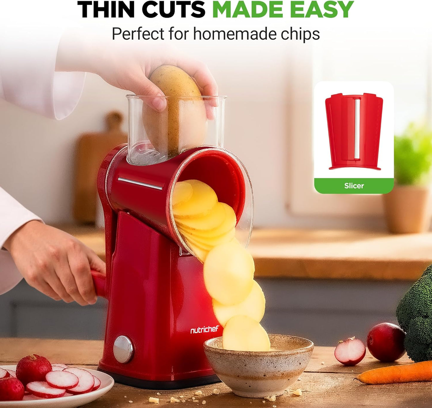 NutriChef 5 in 1 Cheese Grater & Shredder | 5 Different Blades for Thin, Thick, Julienne Strips, Wavy, & Straight Strips | Includes Hand Crank, Strong Suction Base & Storage Container | Black