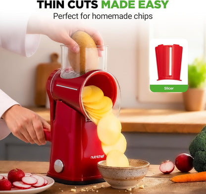 NutriChef 5 in 1 Cheese Grater & Shredder | 5 Different Blades for Thin, Thick, Julienne Strips, Wavy, & Straight Strips | Includes Hand Crank, Strong Suction Base & Storage Container | Black