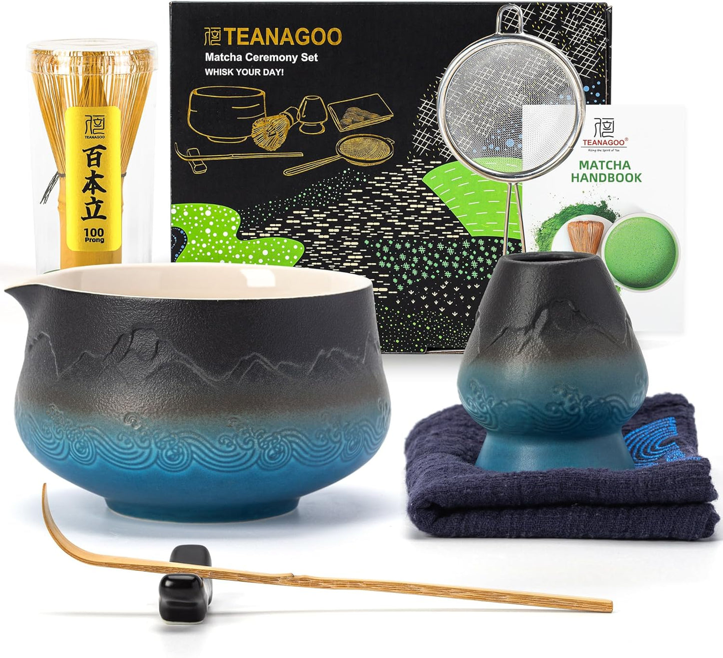 TEANAGOO 7 Pcs Matcha Whisk Set, Pink Matcha Set, Ceremony Matcha Powder Kit,Matcha Tea Set for Making Latte,Matcha Whisk Set and Bowl with Scoop&Sifter,Fuji Design Ceramic Bowl,Gift for Matcha Lovers