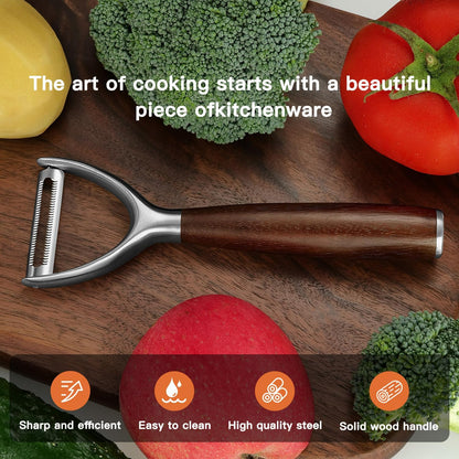 Serrated Blade Premium I Type 304 Stainless Steel Multifunctional Kitchen Peeler Real Wood Handle Ultra Sharp Blade Vegetable Potato Apple（Agarwood）