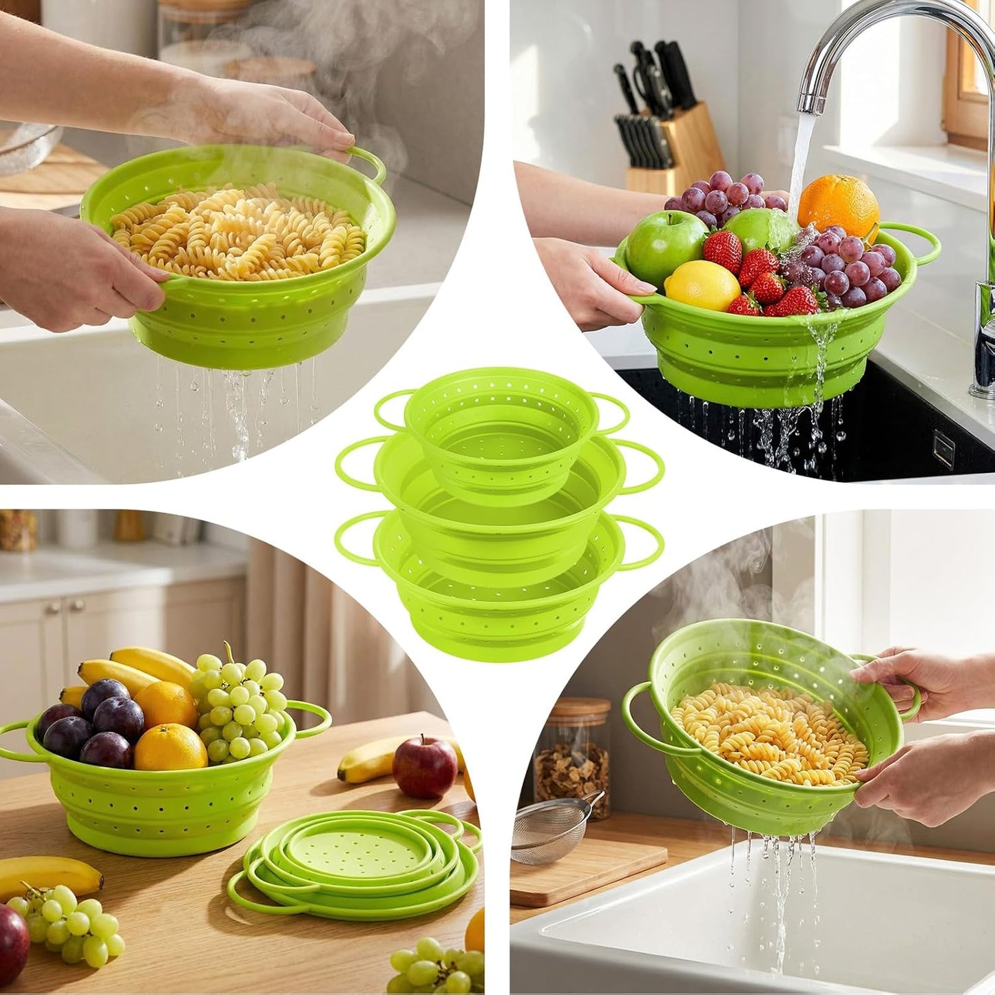3 Pack Collapsible Colander with Strainer Bowl Set, 11 & 13 In BPA-Free Silicone Colanders for Kitchen, Heat-Resistant Space-Saving Strainer Dishwasher Safe Baskets for Vegetable Fruits(Grey)