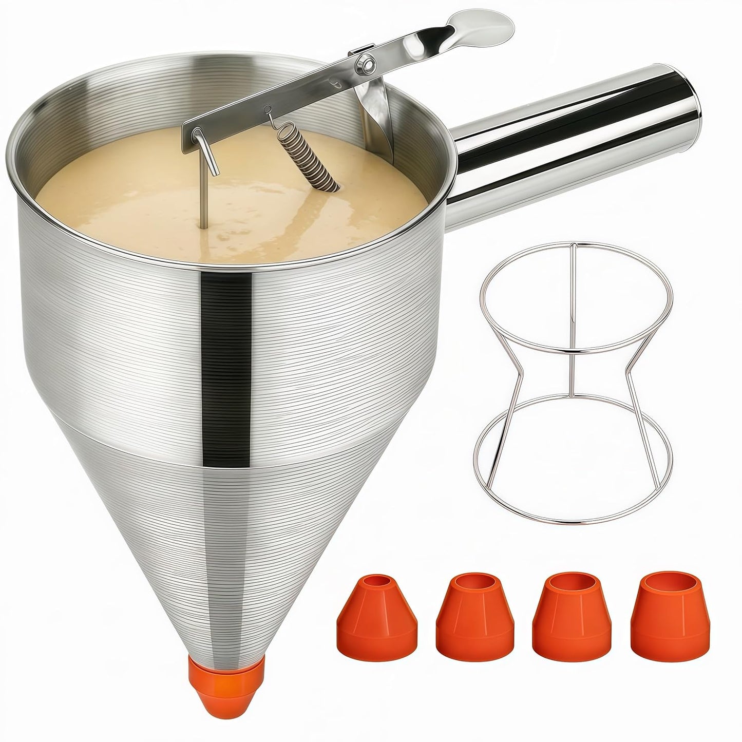 40oz Stainless Steel Pancake Batter Dispenser with Squeeze Handle & Stand, Multi-Nozzle Funnel Cake Dispenser for Pancakes, Cupcakes, Muffins, Waffles & Baking - Precise Control