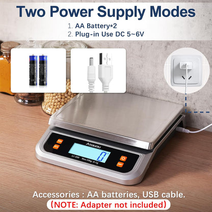 Atogou 88lb Commercial Digital Kitchen Scale 40kg/1g, with 6 Units Conversion, Stainless Steel, LCD Display, AA Battery or Plug-in Use for Baking, Bread, Cooking, Meat LC200 Grey