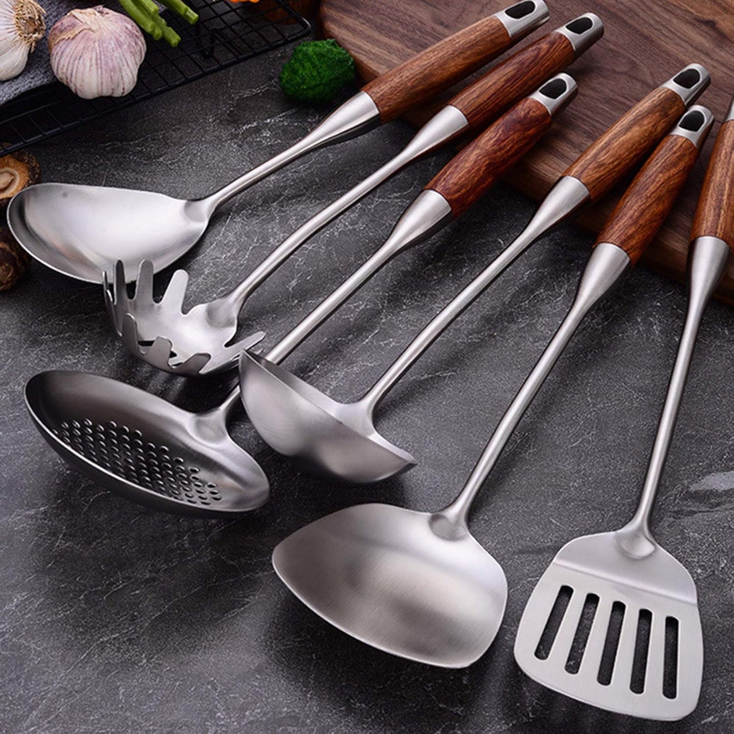 Slotted Spoon,304 Stainless Steel Skimmer Spoon with Heat Resistant Wooden Handle,Silver/15.8Inch
