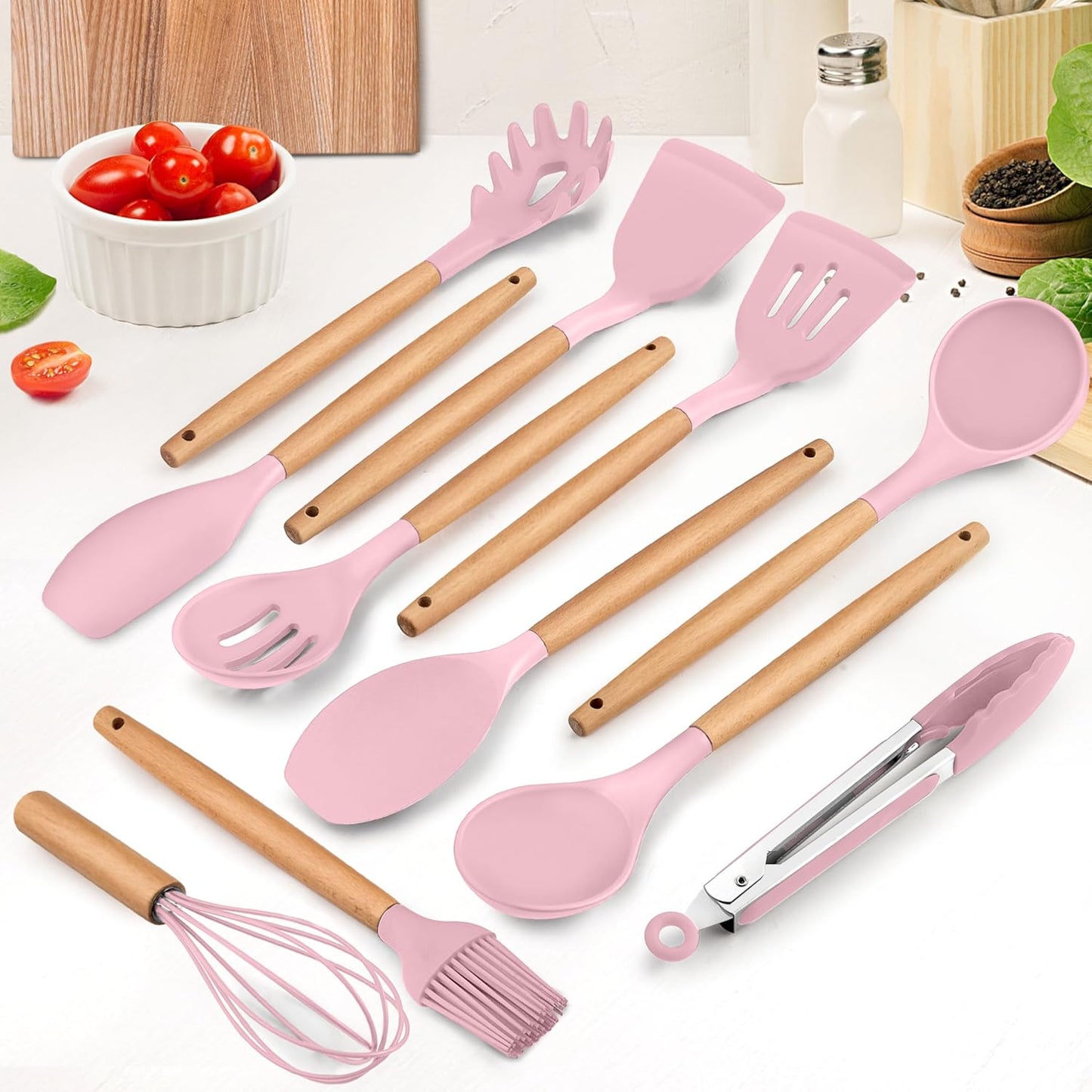 E-far Cooking Utensils Set of 6, Silicone Kitchen Utensils with Wooden Handle, Non-stick Cookware Friendly & Heat Resistant, Includes Spatula/Ladle/Slotted Turner/Serving Spoon/Spaghetti Server(Khaki)