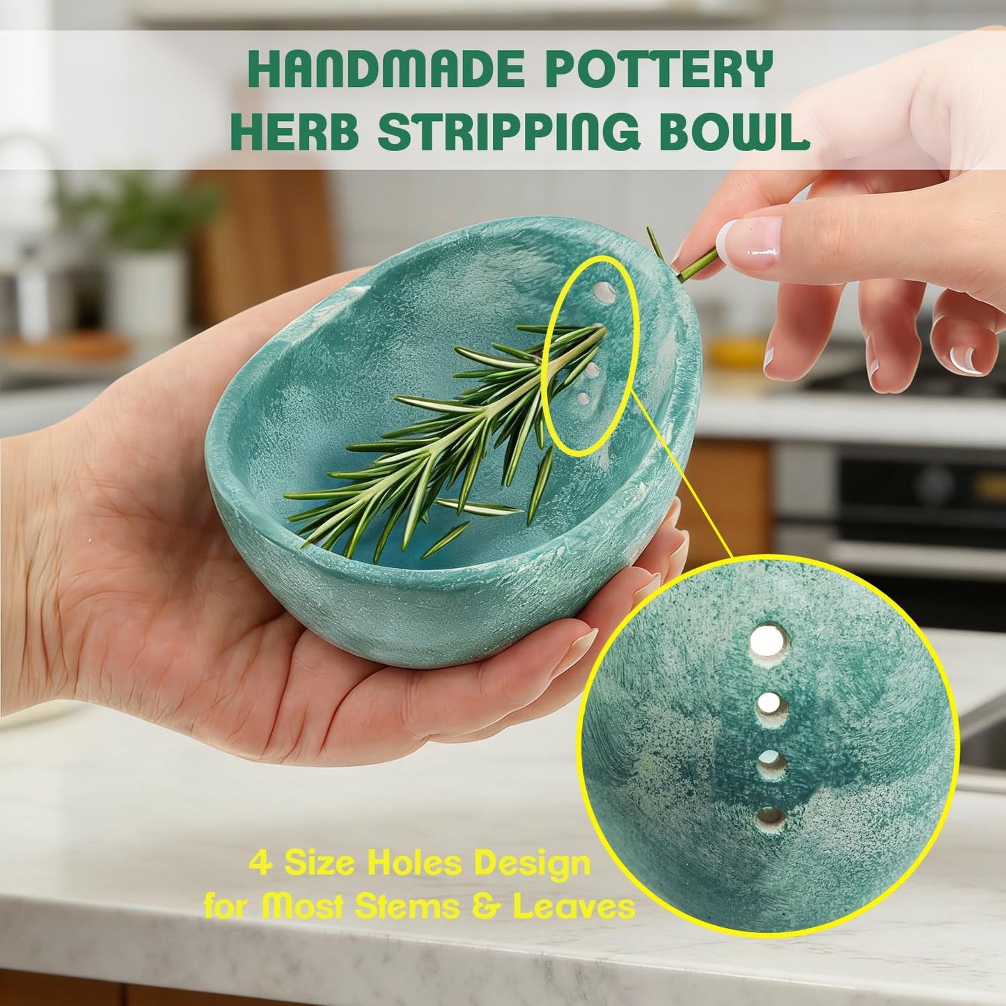 Herb Stripper 9-Hole Stainless Steel Peeler & 5-Hole Herb Stripper Bowl – Ceramic Herb Peeling Bowl, Kitchen Herbs Leaf Stripping Tool Easy to Clean Tools for Fresh Kale, Rosemary & Basil