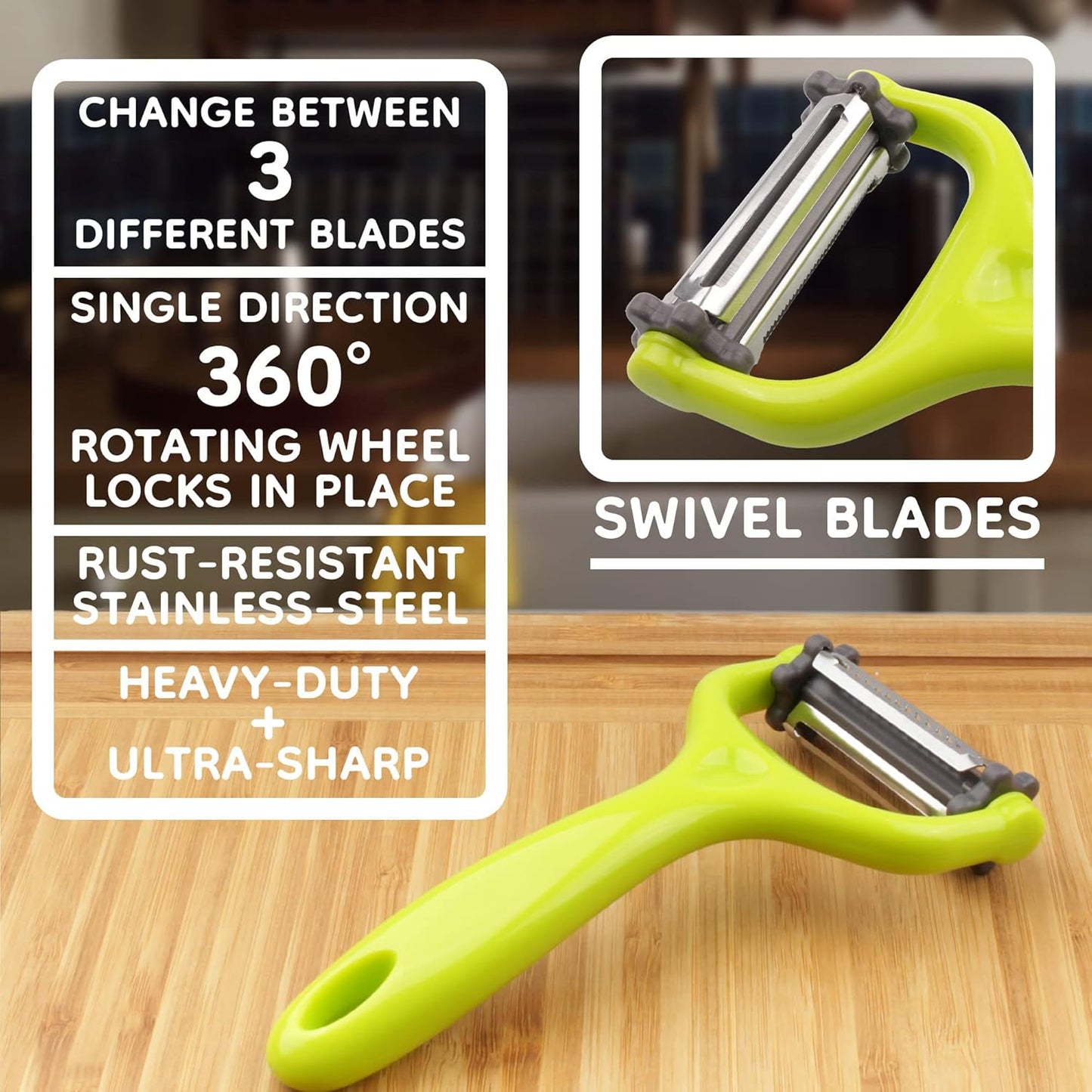 Y Shape 3-in-1 Serrated, Straight, Julienne Swiveled Multi-Blade Peeler - Green - 1 Peeler